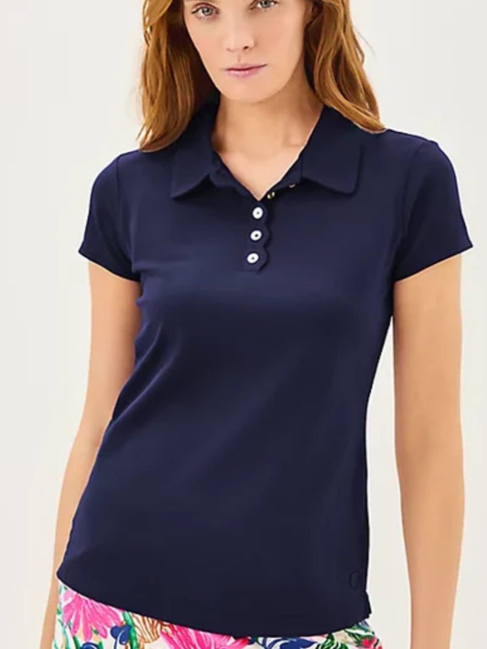 LILLY PULITZER UPF 50+ FRIDA SCALLOPED POLO TOP TRUE NAVY EUC WOMENS MEDIUM